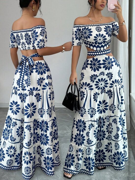 Dresses & Skirts - Blue Boho Women's Floral Print Off-Shoulder short Sleeve Hollow Waist Dress